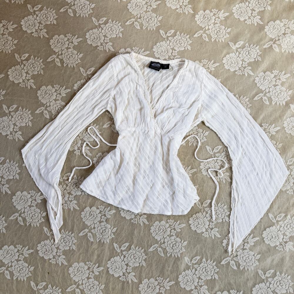 Vintage Y2K Fashion Web White Bell Sleeve Tie Waist Top Size M